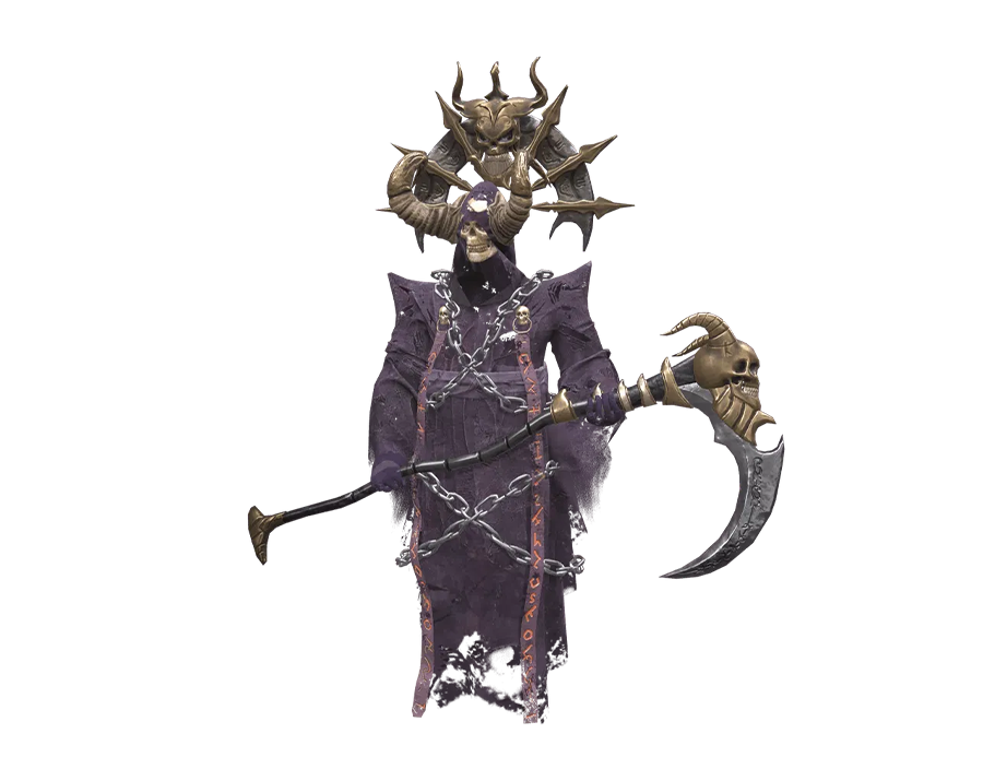 3D render of the Ruthless boss monster from Rise Online, a hooded skeletal figure holding a large scythe, surrounded by chains and horns, transparent background.
