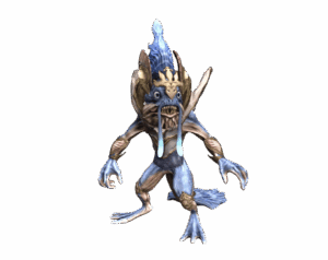 3D render of a blue, fish-like humanoid monster called Slimy from Rise Online, with sharp teeth and golden armor details, transparent background.
