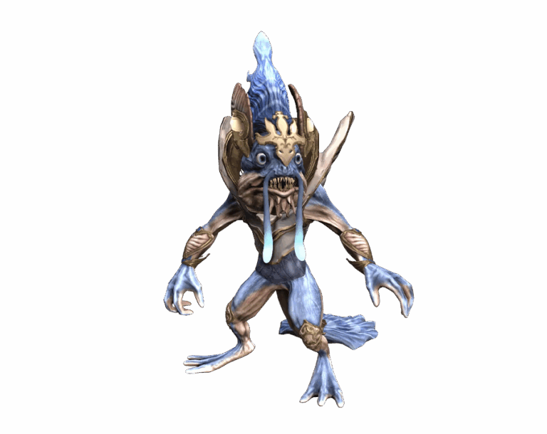 3D render of a blue, fish-like humanoid monster called Slimy from Rise Online, with sharp teeth and golden armor details, transparent background.