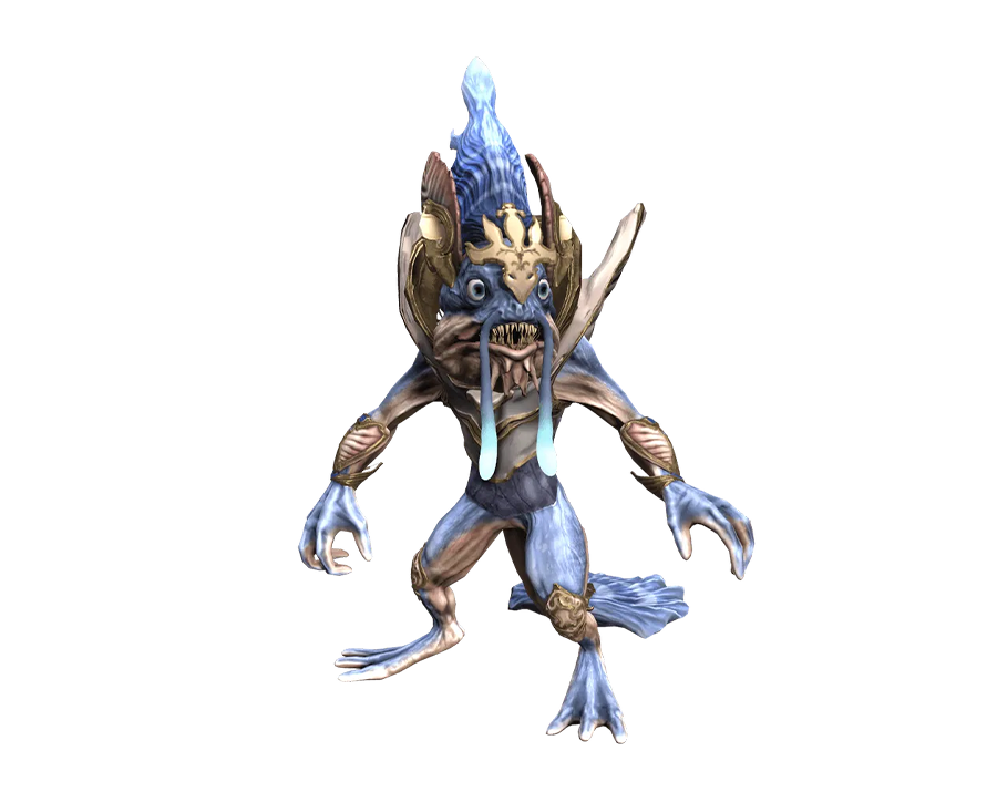 3D render of a blue, fish-like humanoid monster called Slimy from Rise Online, with sharp teeth and golden armor details, transparent background.