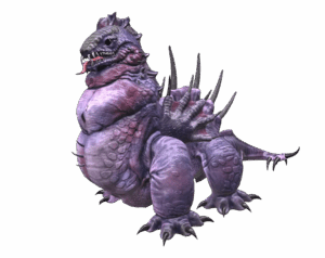 3D render of a thick, purple and pink scaly snake-like beast monster from Rise Online, with spines on its back and a tongue visible, transparent background.