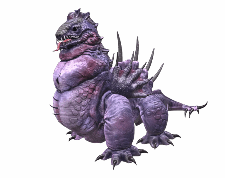 3D render of a thick, purple and pink scaly snake-like beast monster from Rise Online, with spines on its back and a tongue visible, transparent background.