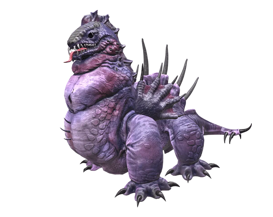 3D render of a thick, purple and pink scaly snake-like beast monster from Rise Online, with spines on its back and a tongue visible, transparent background.