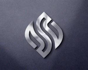 Brushed metal 3D logo mockup with a sharp, embossed finish on a dark textured background.