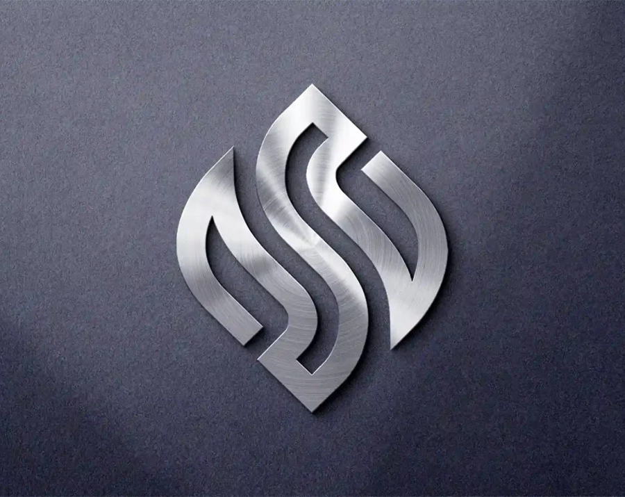 Brushed metal 3D logo mockup with a sharp, embossed finish on a dark textured background.