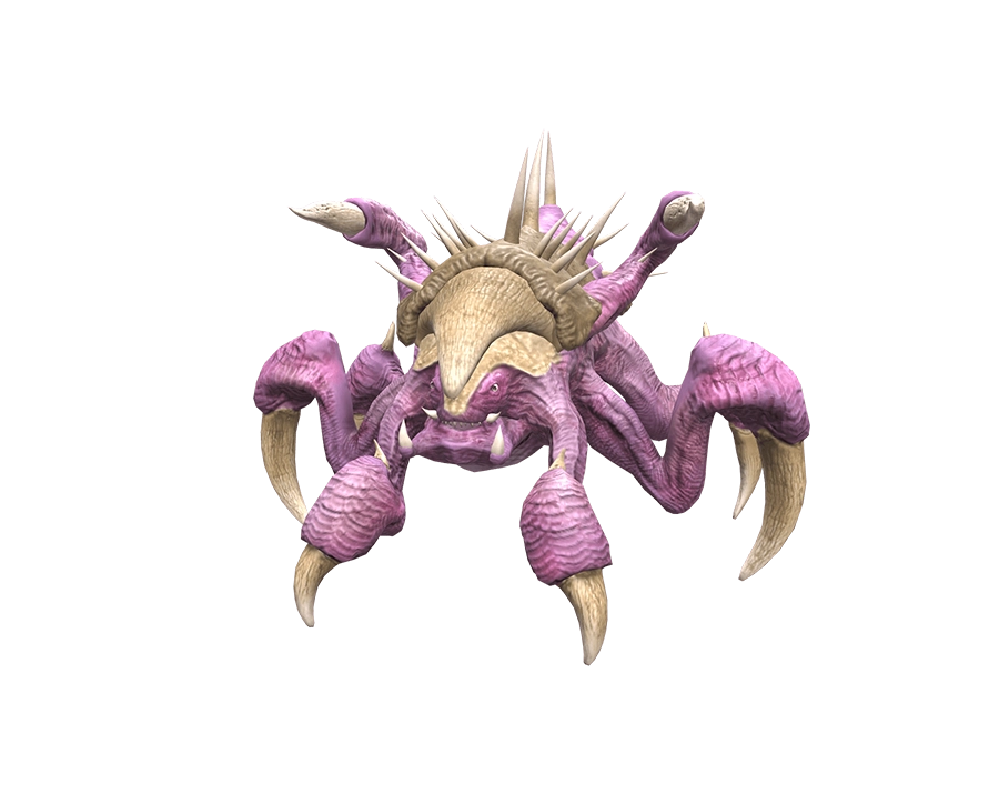 A purple Arachnid monster from Rise Online with sharp bone-like spikes and ivory claws on a white background.