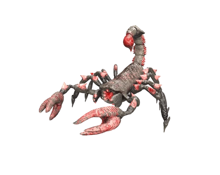 A Fire Scorpion monster from Rise Online with a charred black exoskeleton, glowing red magma spikes, and a venomous red stinger.