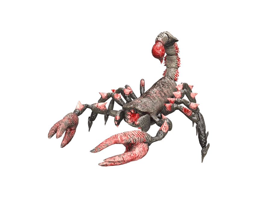A Fire Scorpion monster from Rise Online with a charred black exoskeleton, glowing red magma spikes, and a venomous red stinger.