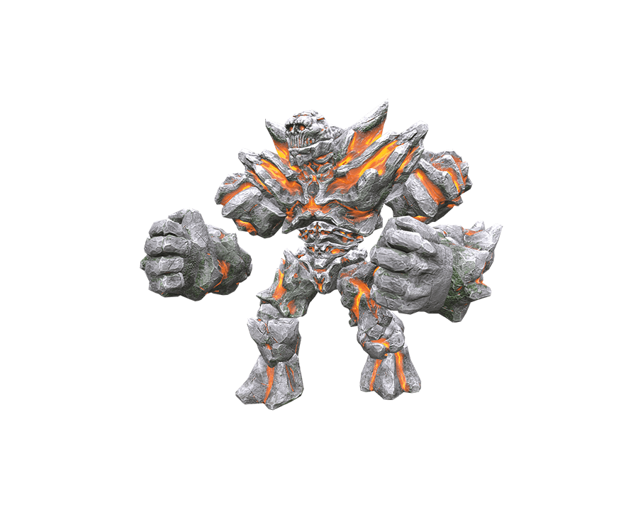 A Flame Rock monster from Rise Online, a giant stone golem with glowing orange lava flowing through its rocky body.