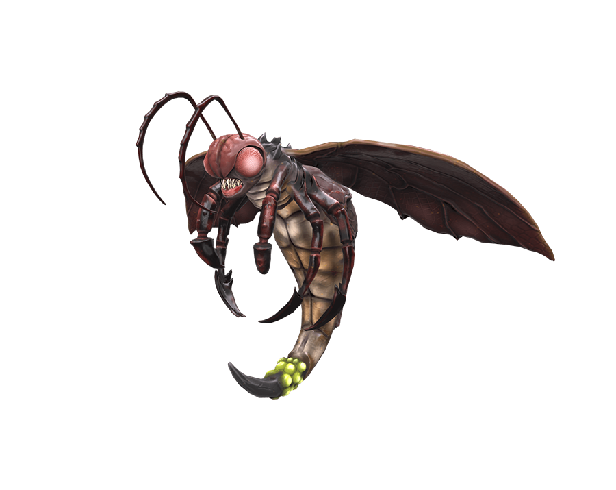 A Giant Hornet monster from Rise Online with a dark brown exoskeleton, large transparent wings, and a curved black stinger with glowing yellow venom sacs.