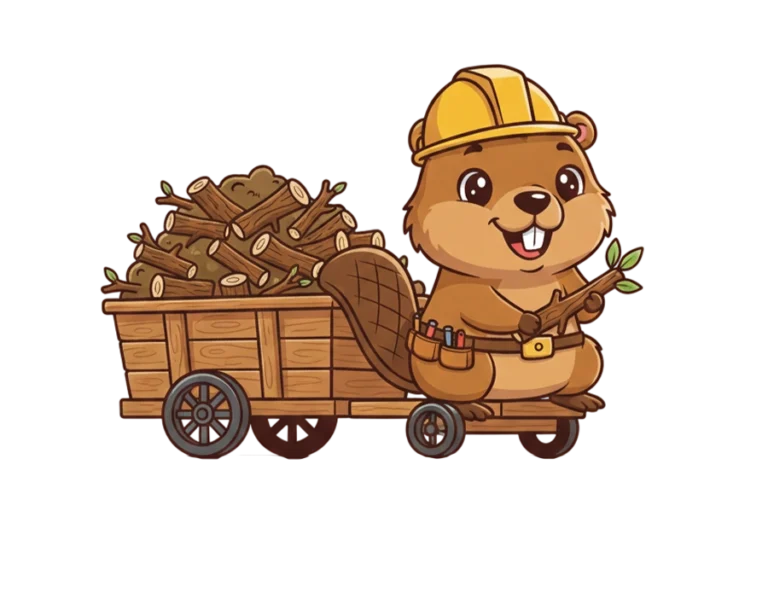 Construction beaver illustration pulling wooden cart full of logs transparent PNG