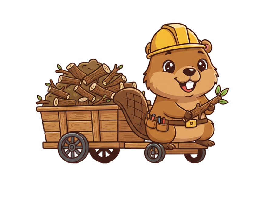 Construction beaver illustration pulling wooden cart full of logs transparent PNG