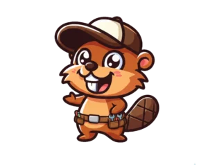 Cute builder beaver illustration wearing a baseball cap and tool belt transparent PNG