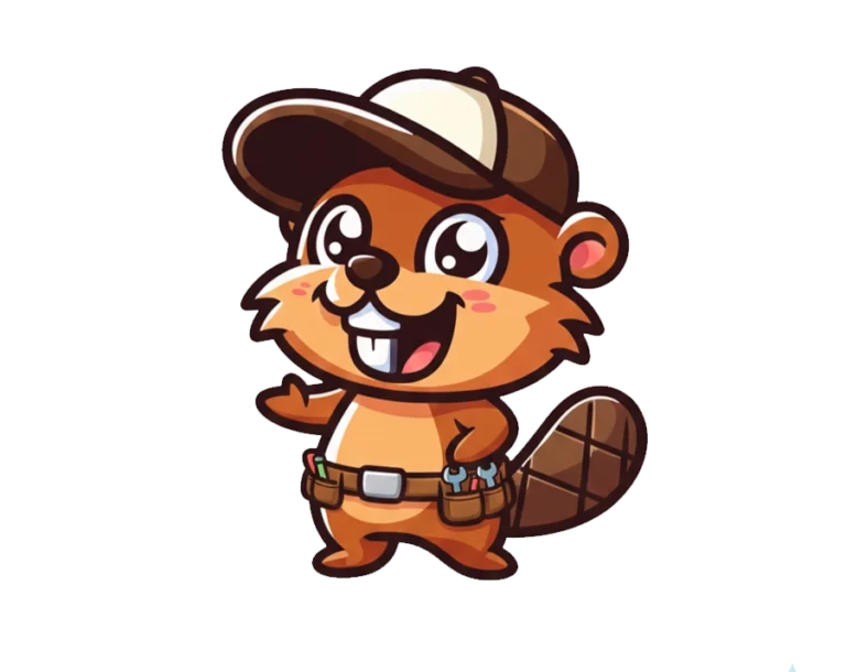 Cute builder beaver illustration wearing a baseball cap and tool belt transparent PNG