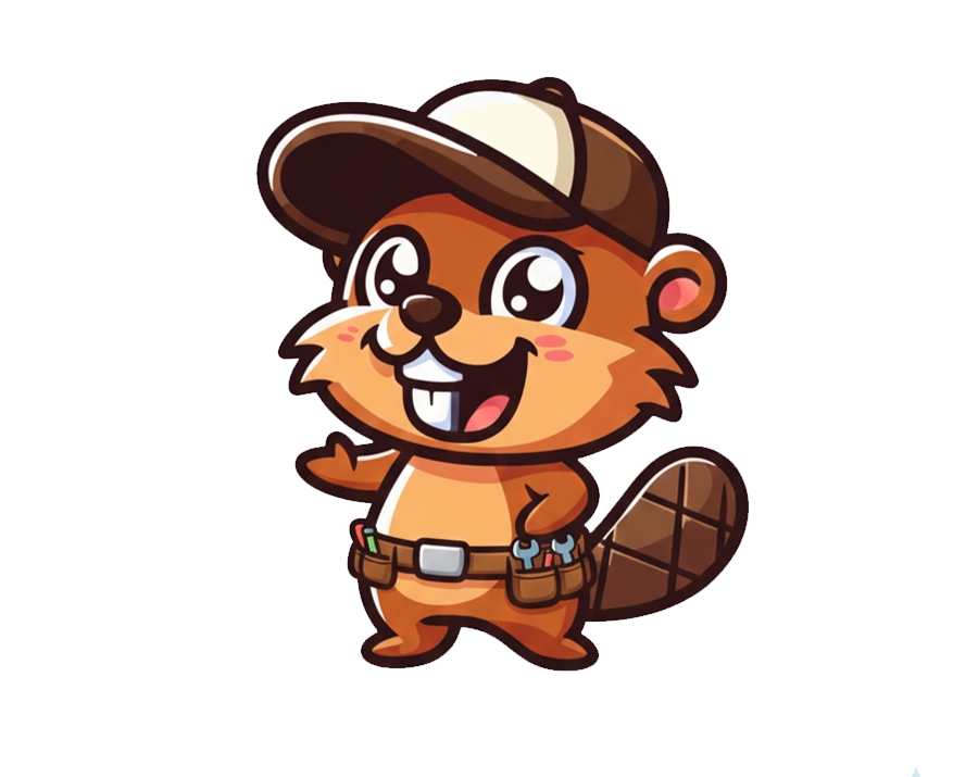 Cute builder beaver illustration wearing a baseball cap and tool belt transparent PNG