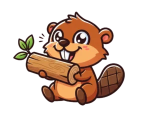 Cute baby beaver illustration holding a wooden log with leaves transparent PNG