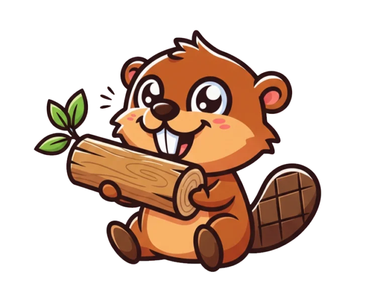 Cute baby beaver illustration holding a wooden log with leaves transparent PNG