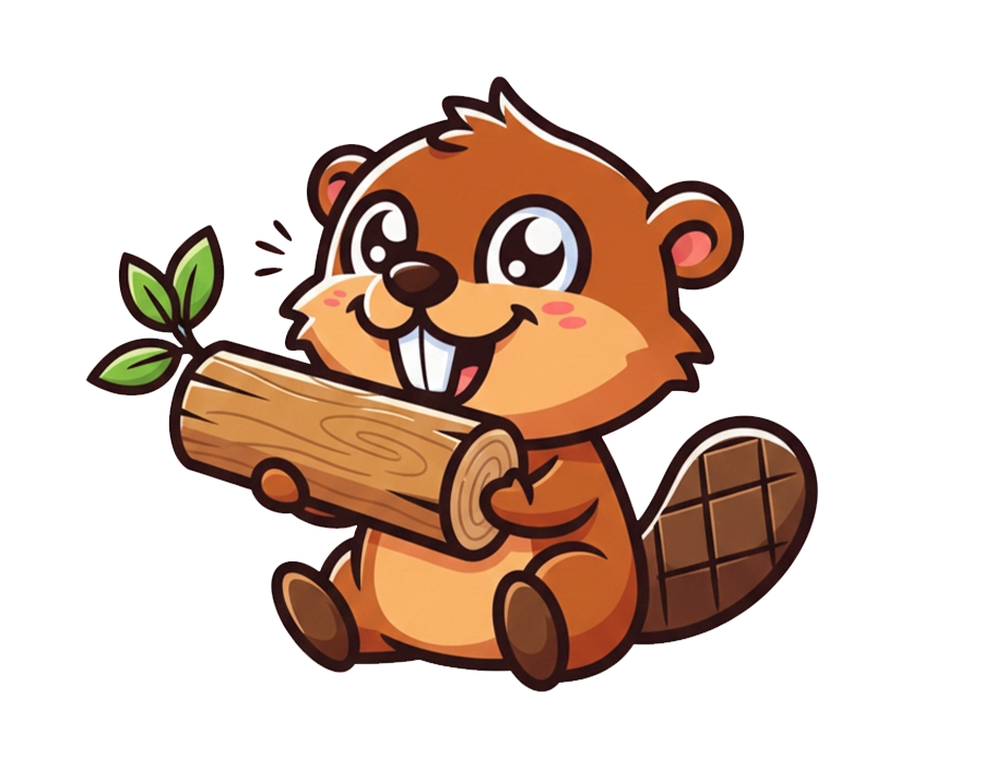 Cute baby beaver illustration holding a wooden log with leaves transparent PNG