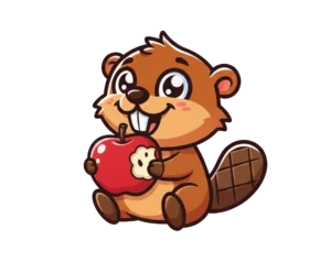 Cute baby beaver illustration holding a bitten red apple transparent PNG WebP