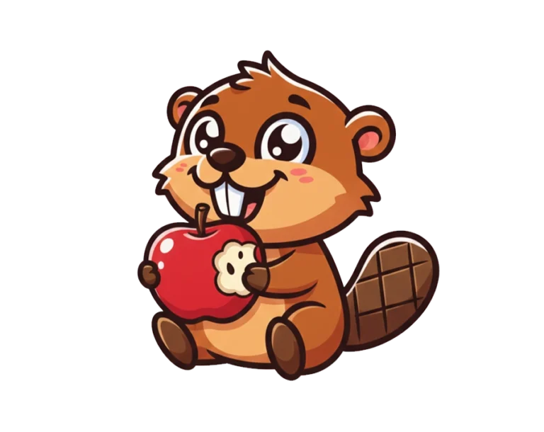 Cute baby beaver illustration holding a bitten red apple transparent PNG WebP