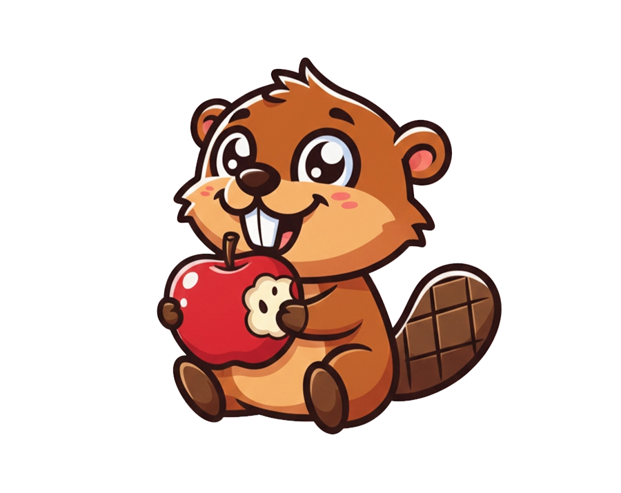 Cute baby beaver illustration holding a bitten red apple transparent PNG WebP