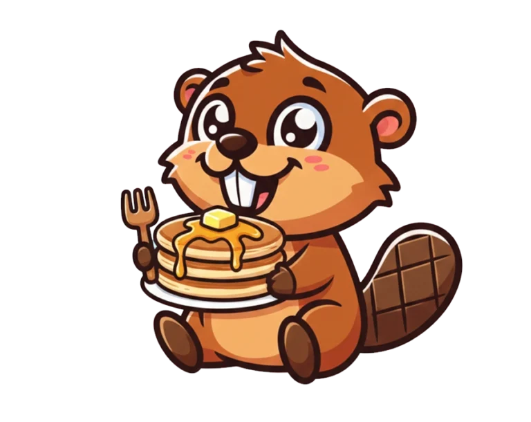 Cute baby beaver illustration holding a plate of pancakes with syrup and butter transparent PNG WebP