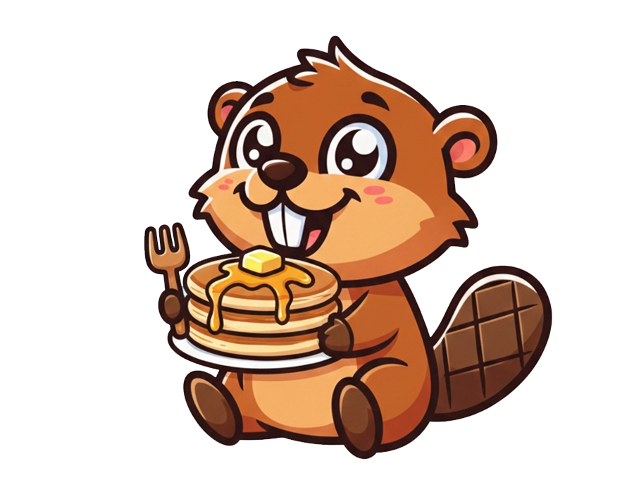 Cute baby beaver illustration holding a plate of pancakes with syrup and butter transparent PNG WebP