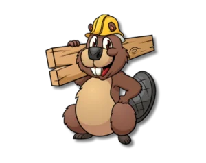 Cartoon beaver wearing yellow hard hat carrying wood planks transparent PNG