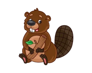 Cute cartoon beaver holding a wooden log transparent PNG WebP