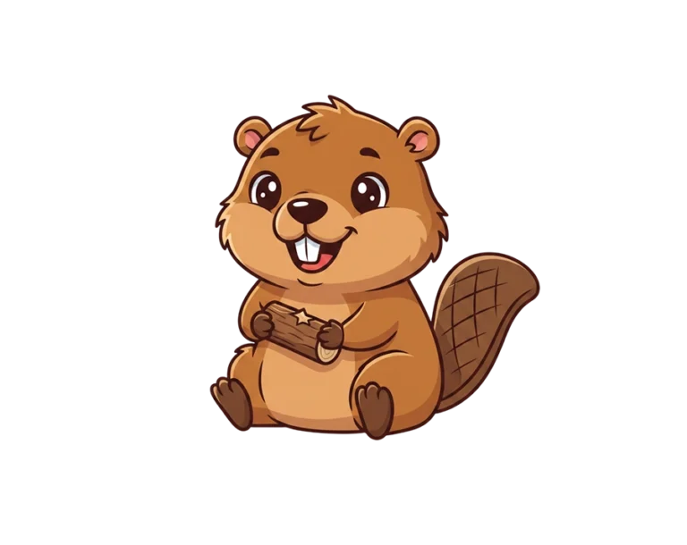 Cute big-eyed baby beaver illustration holding wooden log transparent PNG