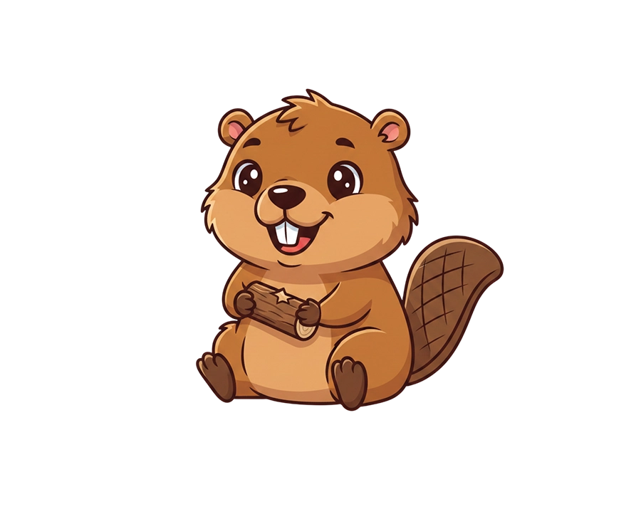 Cute big-eyed baby beaver illustration holding wooden log transparent PNG