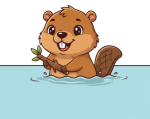 Cute cartoon beaver swimming in water holding a branch transparent PNG WebP