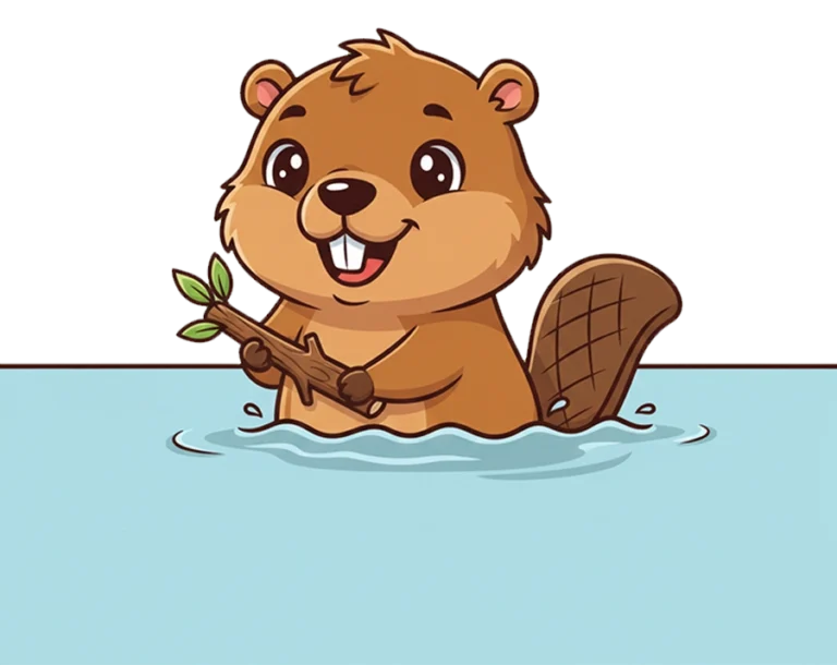 Cute cartoon beaver swimming in water holding a branch transparent PNG WebP