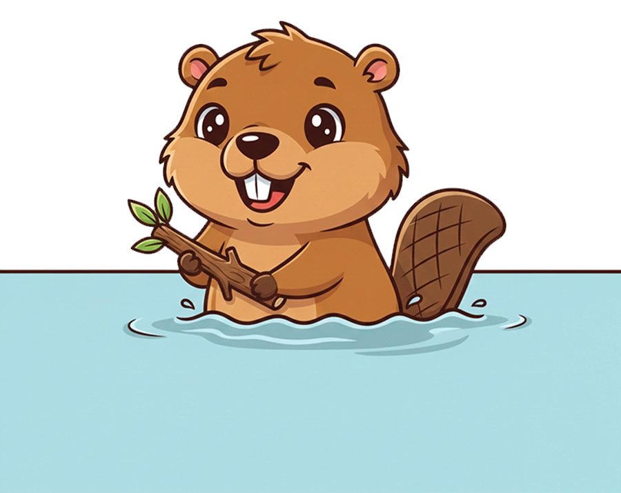 Cute cartoon beaver swimming in water holding a branch transparent PNG WebP