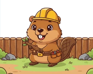 Construction worker beaver illustration with yellow hard hat and tool belt transparent PNG
