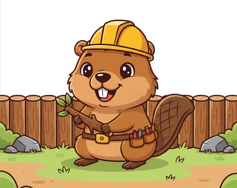 Construction worker beaver illustration with yellow hard hat and tool belt transparent PNG