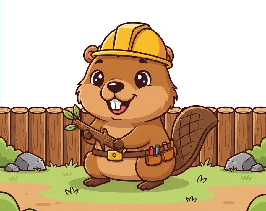Construction worker beaver illustration with yellow hard hat and tool belt transparent PNG