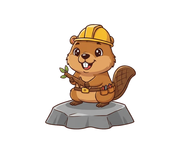 Construction worker beaver standing on a rock wearing yellow hard hat transparent PNG