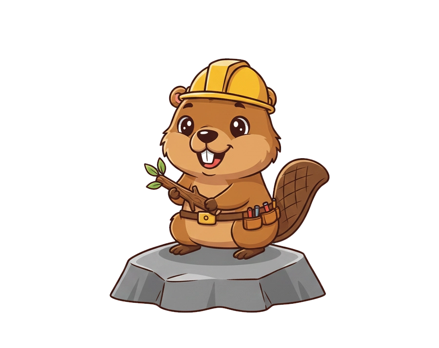 Construction worker beaver standing on a rock wearing yellow hard hat transparent PNG