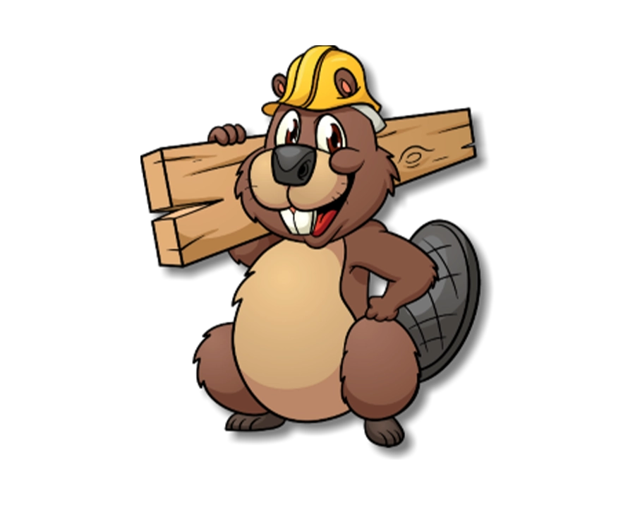 Cartoon beaver wearing yellow hard hat carrying wood planks transparent PNG