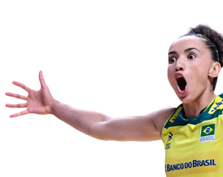Gabriela Guimarães excited reaction during volleyball match.