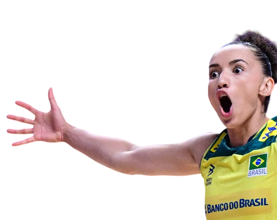 Gabriela Guimarães excited reaction during volleyball match.