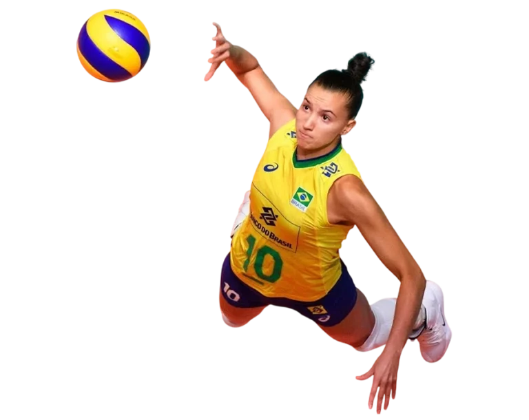 Gabriela Guimarães performing a jump serve in Brazil jersey.