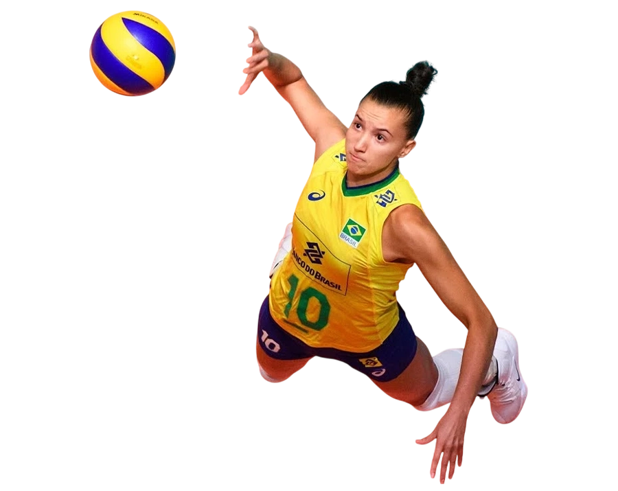 Gabriela Guimarães performing a jump serve in Brazil jersey.