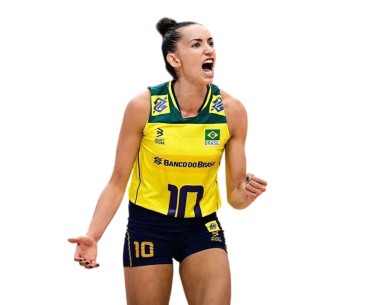 Gabriela Guimarães celebrating a point with intense emotion in Brazil kit.
