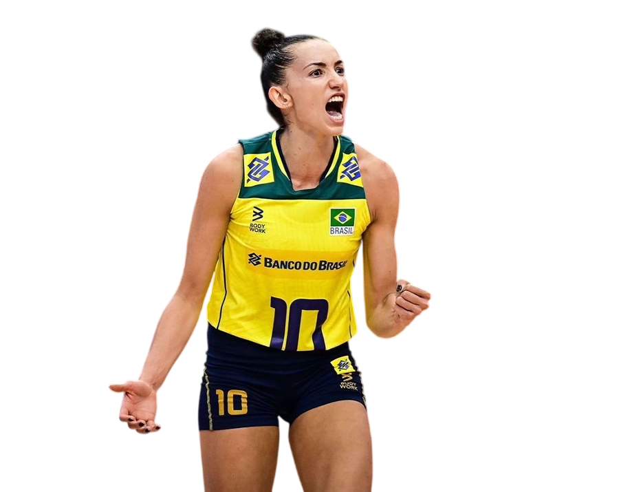 Gabriela Guimarães celebrating a point with intense emotion in Brazil kit.