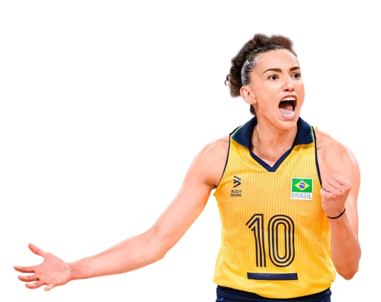 Gabriela Guimarães celebrating a point with passion in Brazil volleyball jersey.