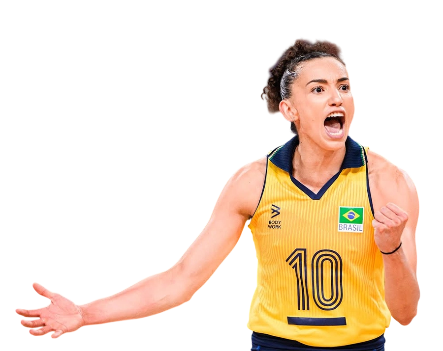 Gabriela Guimarães celebrating a point with passion in Brazil volleyball jersey.