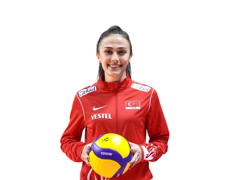 Simge Aköz holding a volleyball in Turkish National Team tracksuit transparent PNG