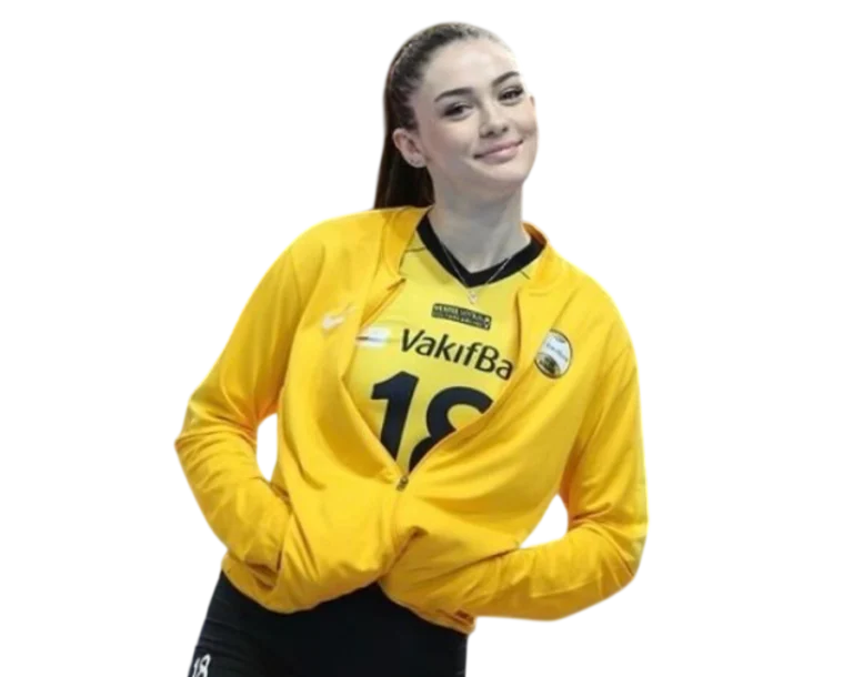 Zehra Gunes VakifBank yellow jacket smiling pose transparent PNG WebP